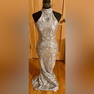 B. Darlin Silver Sequin Halter Mermaid Gown Size 1/2 Open Back with Train Formal